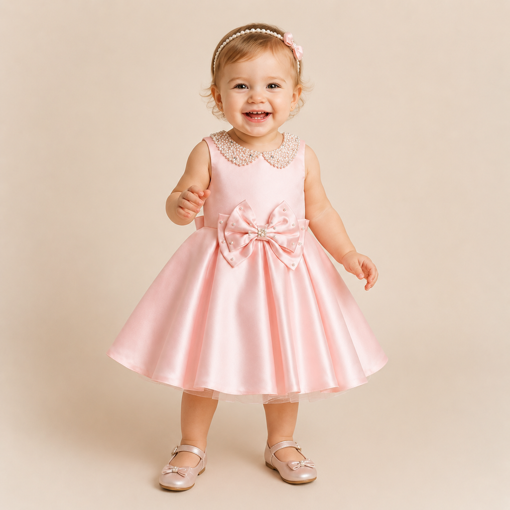 Robe bébé rose col Claudine perlé nœud ceinturé baptême cérémonie