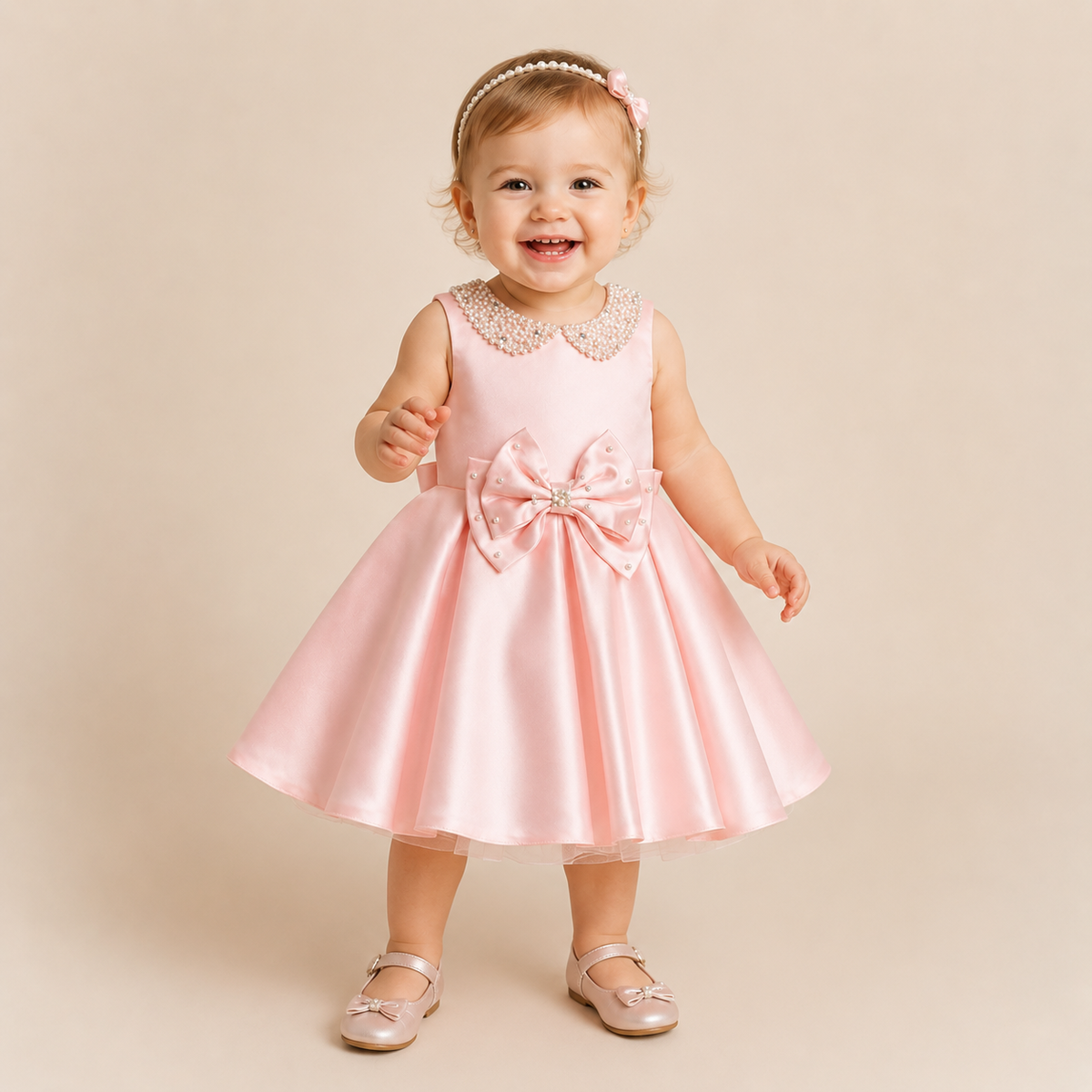 Robe bébé rose col Claudine perlé nœud ceinturé baptême cérémonie