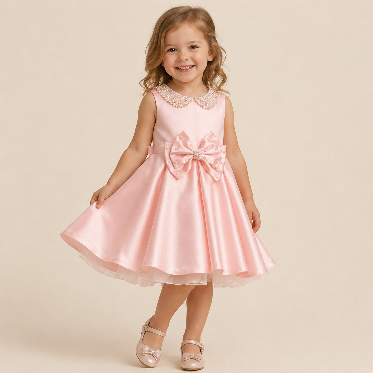 Robe bébé rose col Claudine perlé nœud ceinturé baptême cérémonie
