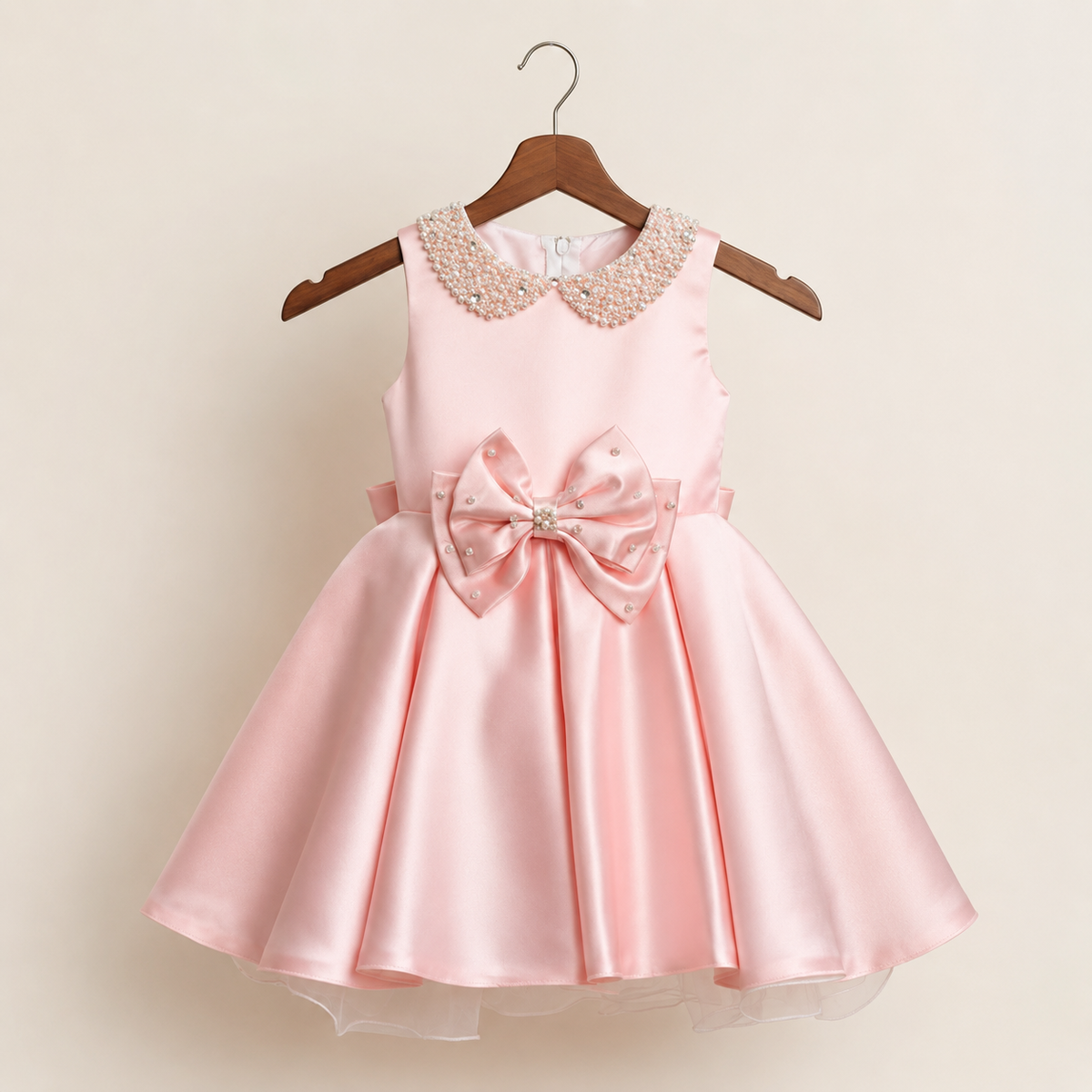 Robe bébé rose col Claudine perlé nœud ceinturé baptême cérémonie