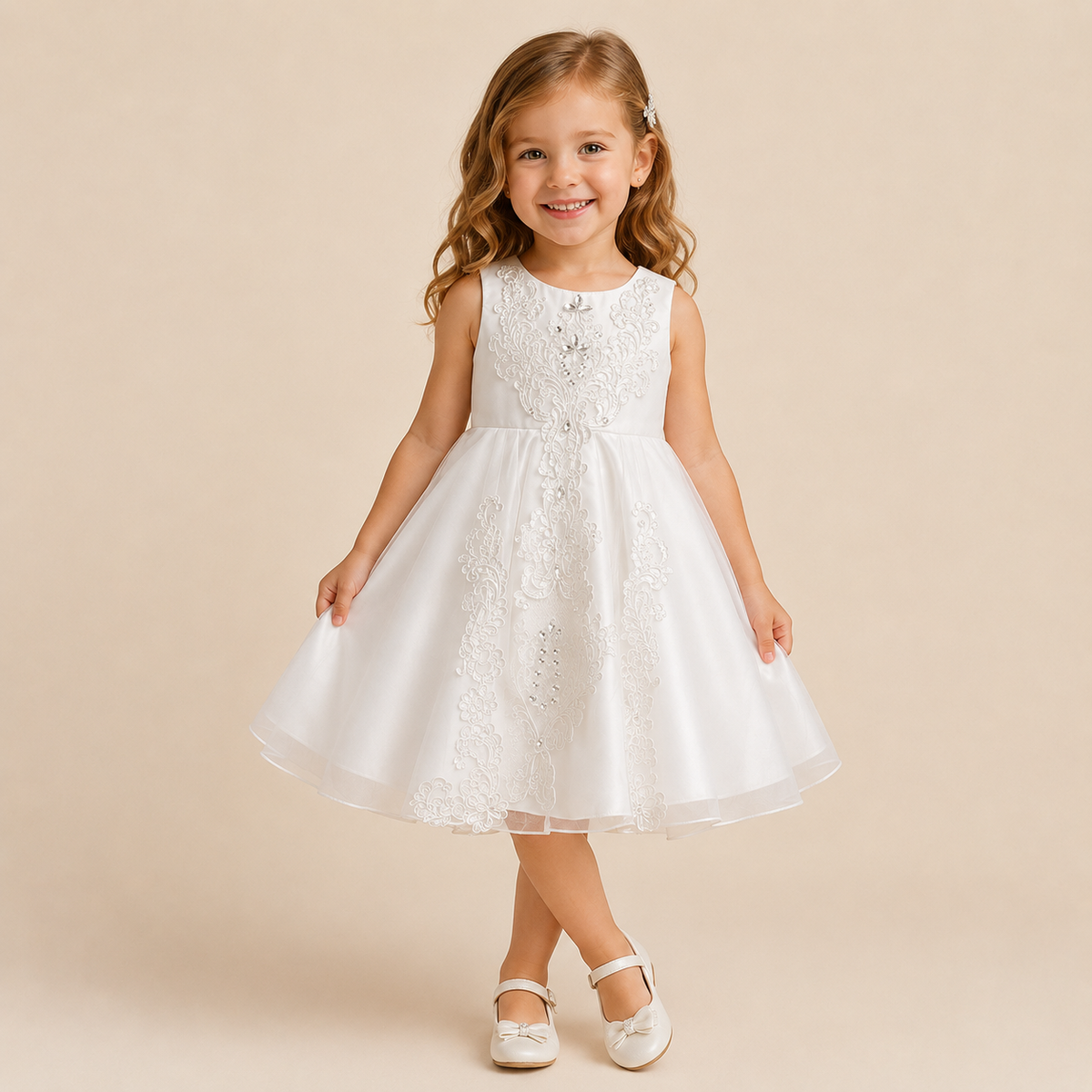 Robe bébé blanche broderies florales bustier satiné mariage baptême