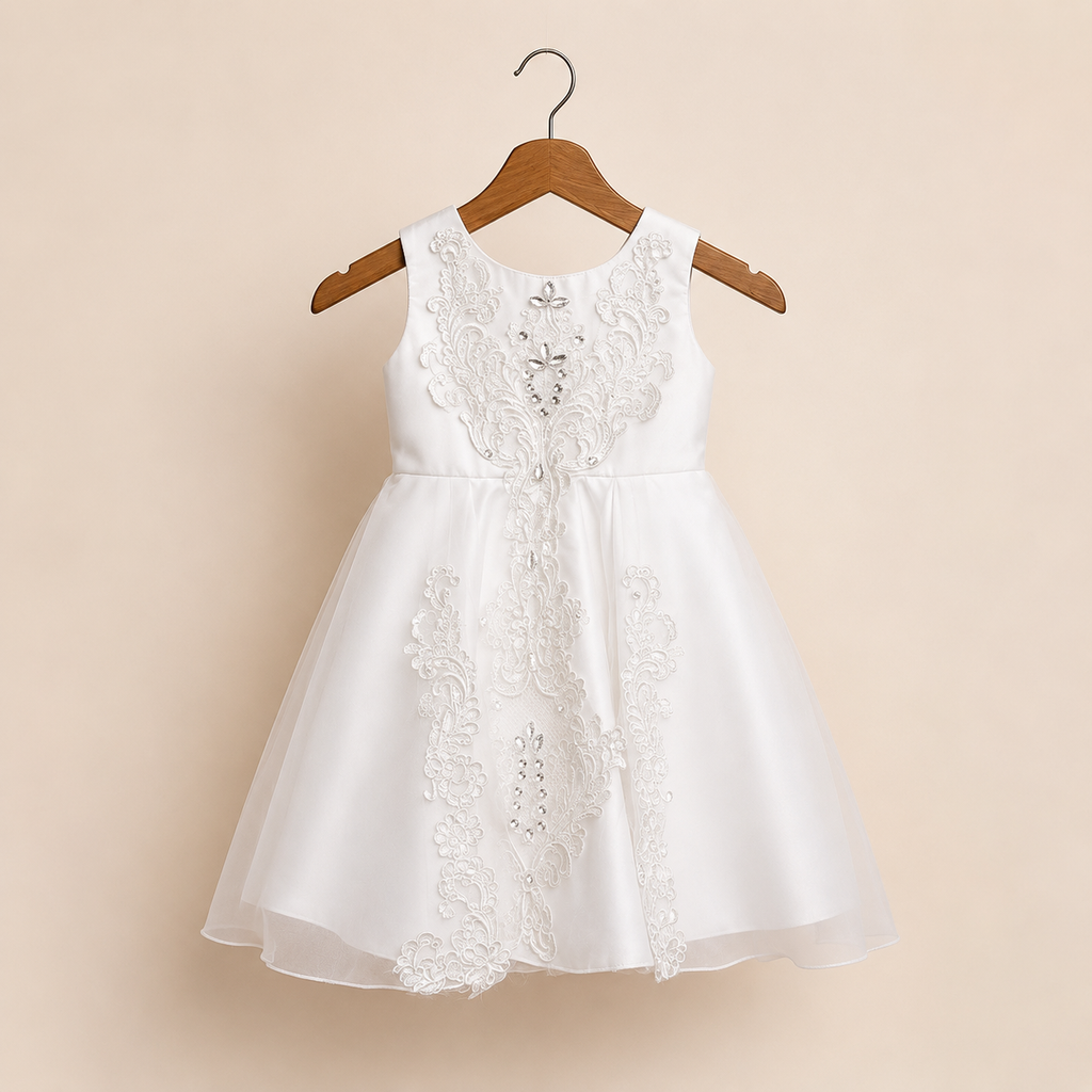 Robe bébé blanche broderies florales bustier satiné mariage baptême