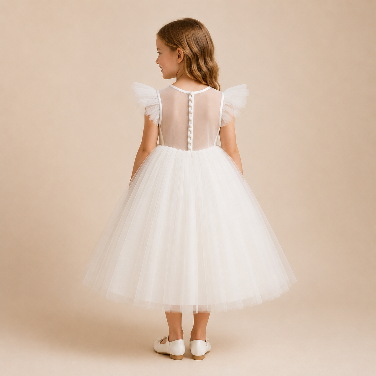 Robe fille blanche épaulettes volantes tulle jupe volume cérémonie