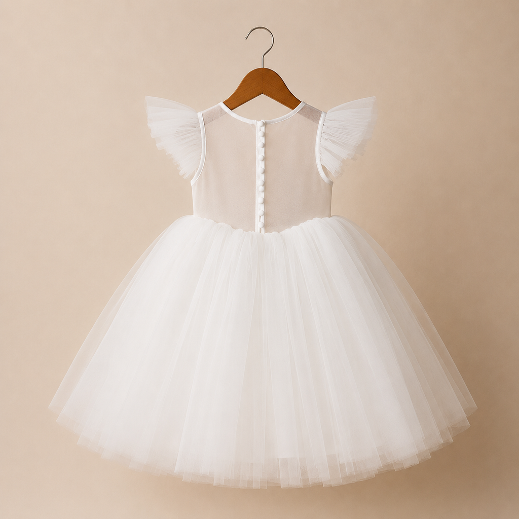Robe fille blanche épaulettes volantes tulle jupe volume cérémonie