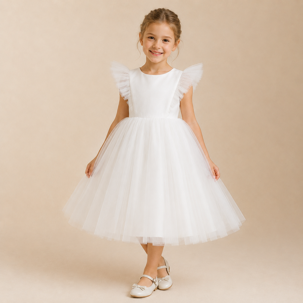 Robe fille blanche épaulettes volantes tulle jupe volume cérémonie