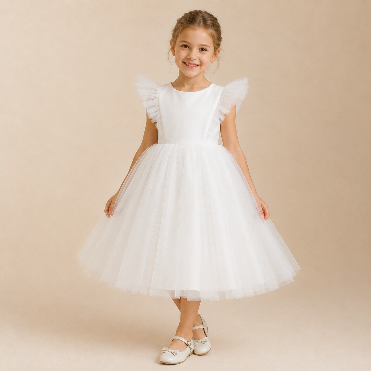 Robe fille blanche épaulettes volantes tulle jupe volume cérémonie