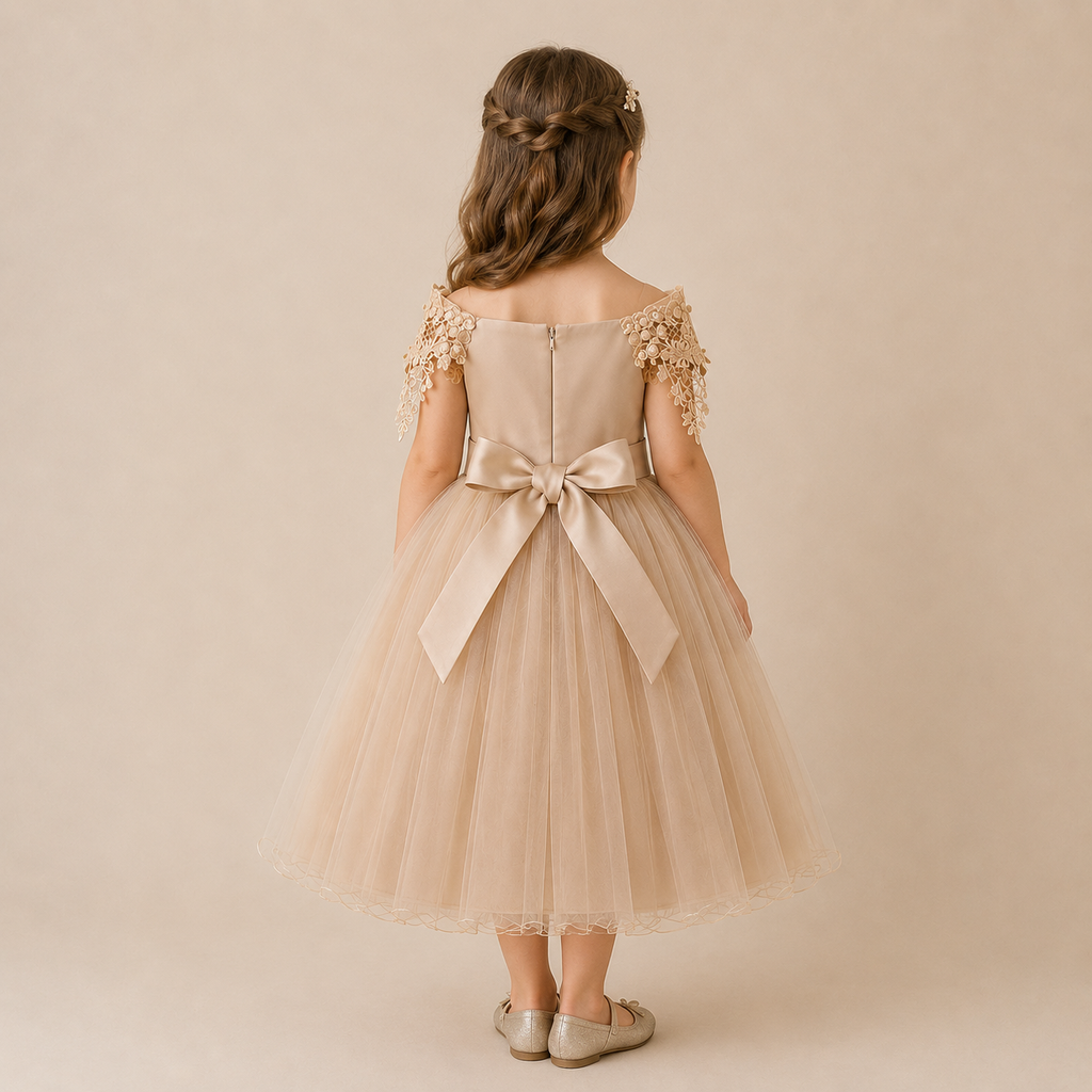 Robe cérémonie fille champagne épaules dégagées appliqués floraux