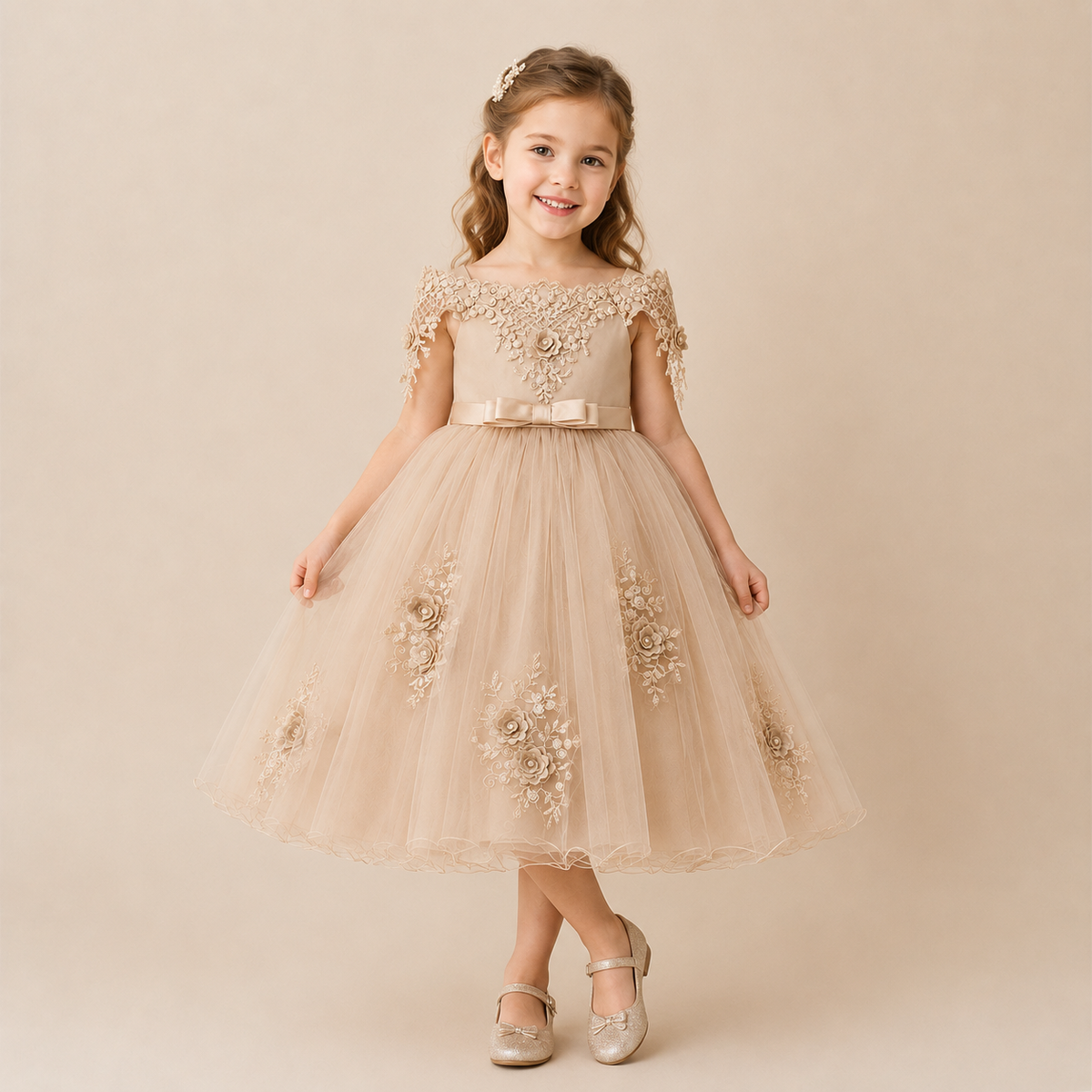 Robe cérémonie fille champagne épaules dégagées appliqués floraux
