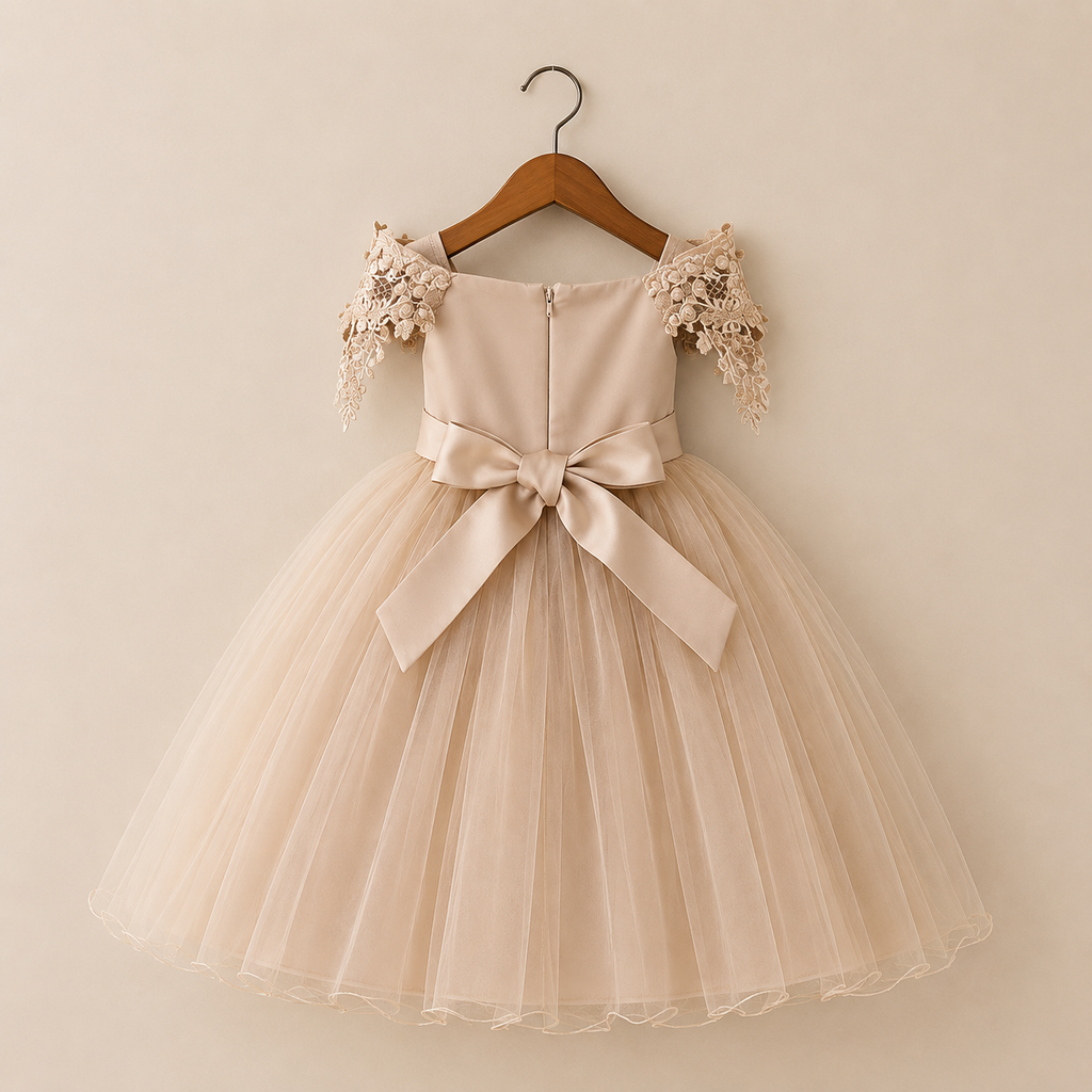 Robe cérémonie fille champagne épaules dégagées appliqués floraux