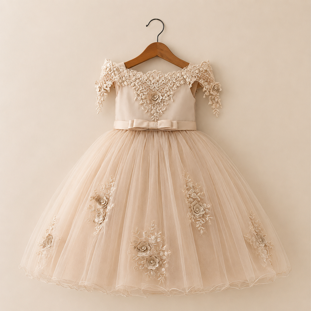 Robe cérémonie fille champagne épaules dégagées appliqués floraux
