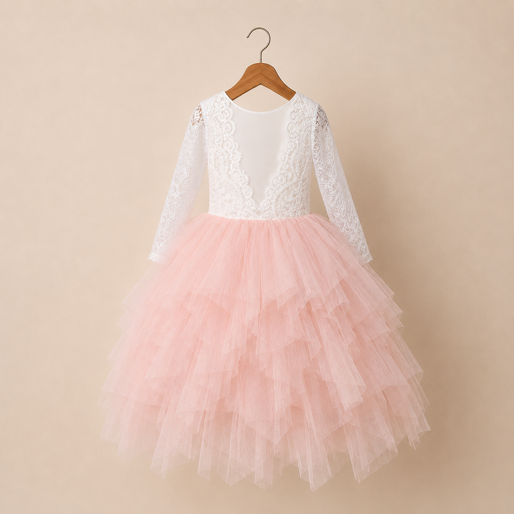 Robe bicolore fille dentelle blanche et jupe rose multicouches