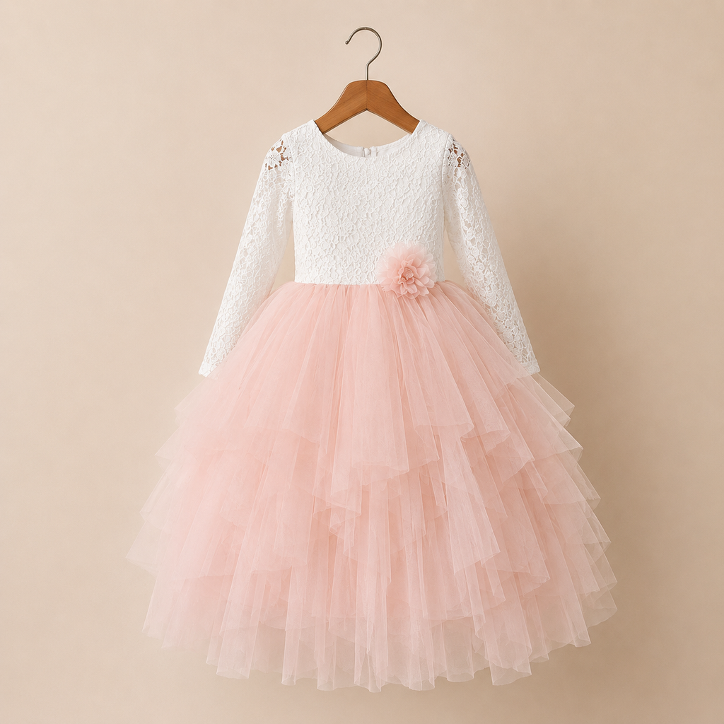 Robe bicolore fille dentelle blanche et jupe rose multicouches