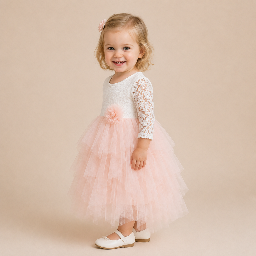 Robe bicolore fille dentelle blanche et jupe rose multicouches