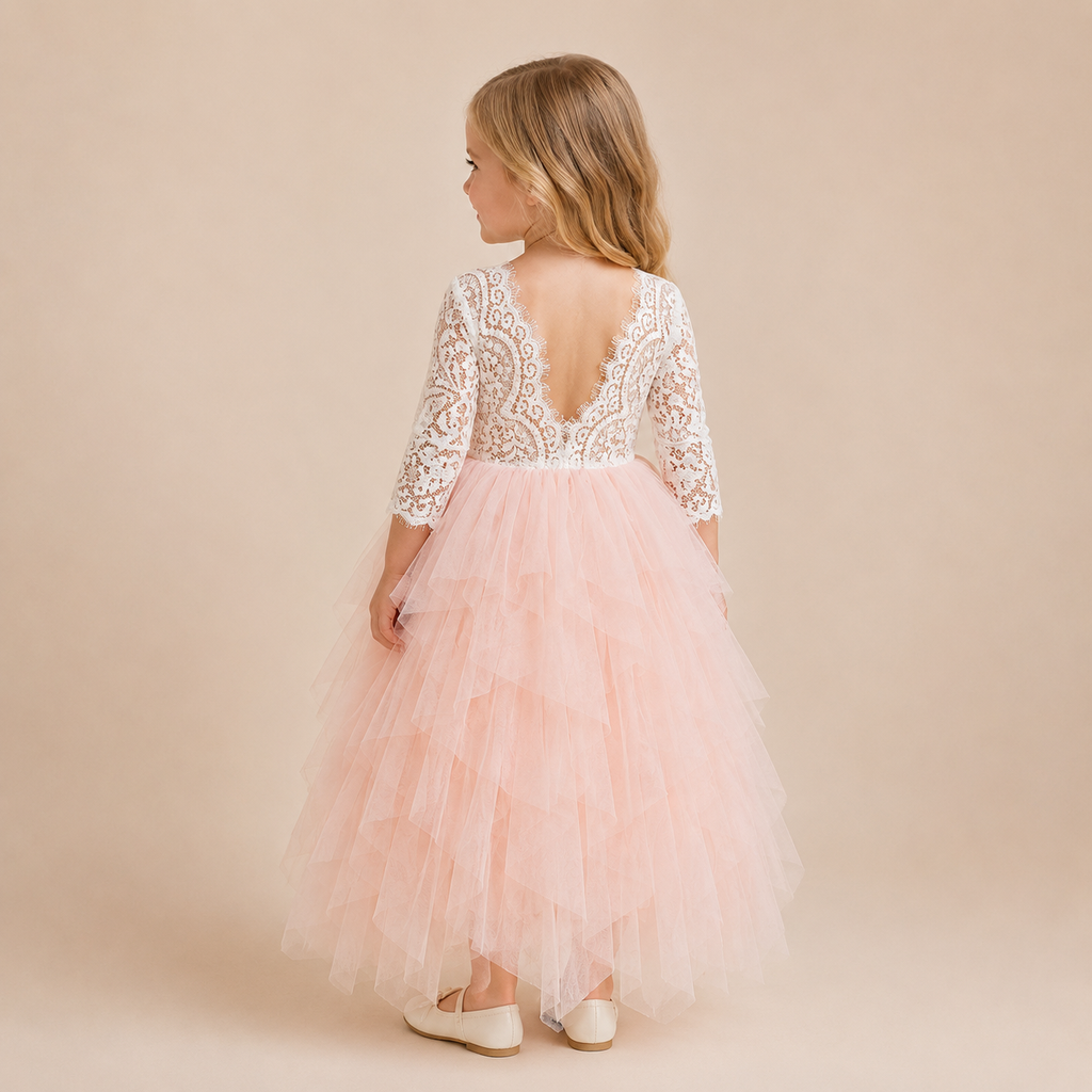 Robe bicolore fille dentelle blanche et jupe rose multicouches